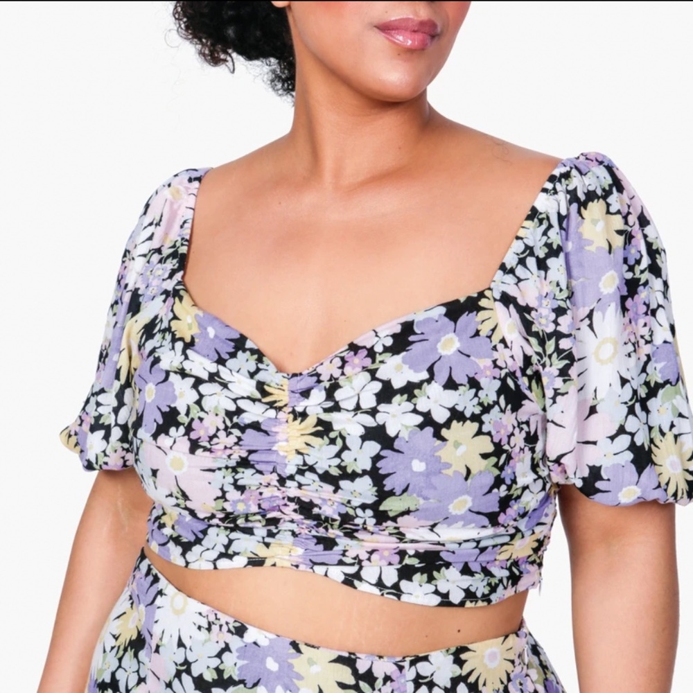 Dia & Co Sonny Puff Sleeve Crop Top Purple Retro Vintage Floral Romantic 2X